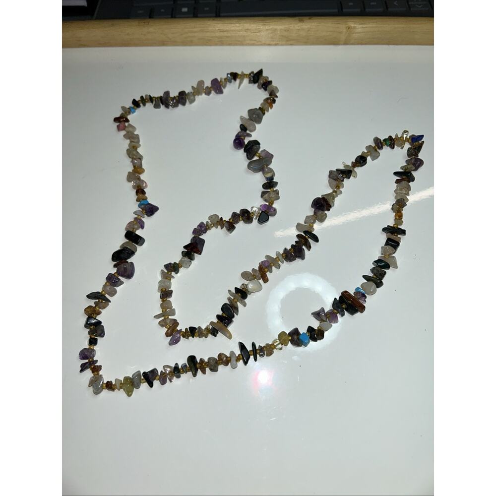 Multi Color Stone Necklace Assorted Gems Chip Long Chakra Energy 17 1/2